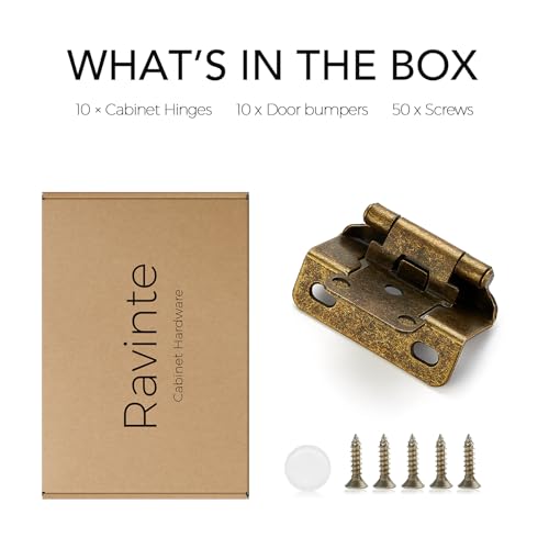 Ravinte Antique Brass Semi-Overlay 1/2 inch Self-Closing Hinges, 10 Pack - color: Antique Brass