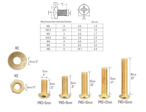 LBY 600pcs Machine Screws Assortment Kit, M3 Phillips Pan Head Bolts, 5 Sizes (with Nuts and Flat Washers), Copper (Yellow) - size: M3