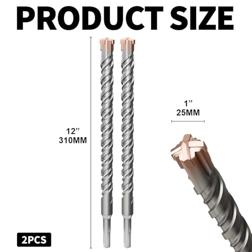 2PCS SDS Plus Rotary Hammer Drill Bits,1"×12"（25mm×310mm）-4 Carbide Cutting Edges & Coated Head, Ideal for Masonry| Heavy-Duty Masonry |Hammer Drill Bits for Precision Drilling - size: 2PCS-1"×12"（25mm×310mm）