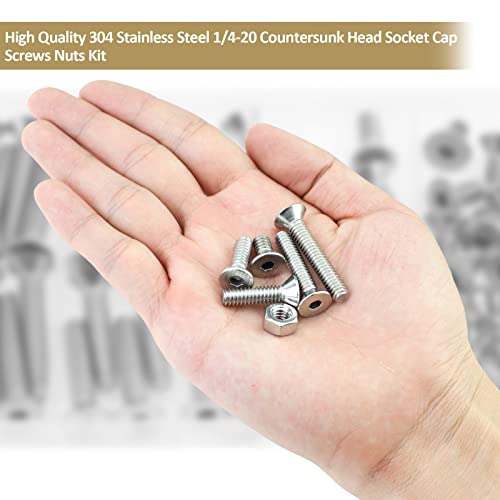 52 Pieces 1/4-20 x 1/2", 3/4", 1", 1-1/4", 1-1/2", Countersunk Head Socket Cap Screws Nuts Assortment Kit, 304 Stainless Steel, Fully Machine Thread - size: 1/4"-20, style: Countersunk Head