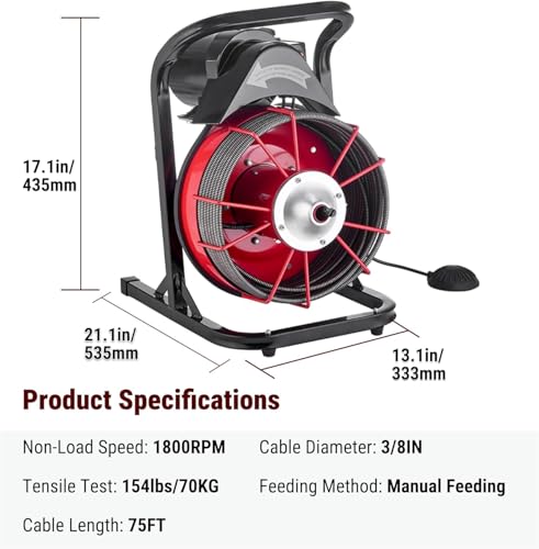 HoldwellS 75FT x 3/8 Inch Drain Cleaner Machine, Manual Feed Sewer Snake, Stationary Portable Drain Auger Equipped with 4 Cutters & Air-Activated Foot Switch for for 2-4 inch Pipes - color: 75FT x 3/8inch (Manual Feed)
