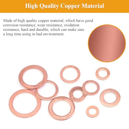 228 Pieces 10 Sizes Copper Washers Kit - Metric Flat and Sealing Metal Washers (M5 M6 M8 M10 M12 M14 M16) - color: Copper