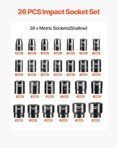 VEVOR 1/2" Drive Impact Socket Set 26-Piece, Metric (10-36mm) Sizes Standard Socket Set CR-V Material for High Durability Impact Wrench - size: 1/2" 26 PCS