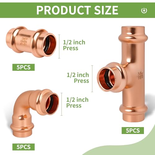 (wdaisy 15 Pack) Copper Press Fittings Kit – 1/2 Inch Tee, Elbow & Coupling, Press Compatible Copper Plumbing Fittings, Lead-Free, for Potable Water - size: 1/2" Combo Kit - 15P
