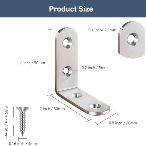 8 Pcs L Bracket 2 Inch Stainless Steel Corner Braces, 50x50mm Heavy Duty Shelf Bracket for Wood, Shelves, 90 Degree Support Joint Right Angle Brackets - size: 8PCS-Silver 50*50mm/2*2in