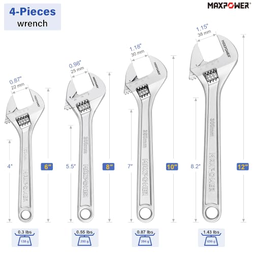 MAXPOWER 4-Pc Adjustable Wrench 6" 8" 10" 12", Jaw 0.87" 0.98" 1.18" 1.5" | Multi-purpose Adjustable Spanner, Smooth Parallel Jaw, Non-Slip Comfort Grip - size: 6" 8" 10" 12"