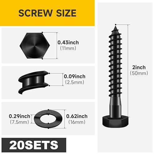 MYWISH (20Sets) 1/4" x 2" Hex Head Lag Bolts, Heavy Duty Lag Screws with Washers, 304 Stainless Steel Bolts 18-8, Lag Screws Wood Screws, Partial Thread Black Oxide, 1/4 Bolt - size: 1/4 x 2" (20 set)