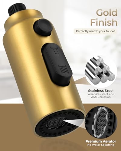 Pull Down Faucet Sprayer Head Replacement, Gold 3 Function Pull Out Spray Head Nozzle with 9 Adapters for Kitchen Sink Faucet, American Standard for Moen Kohler Delta G1/2 Male Connector - color: Gold
