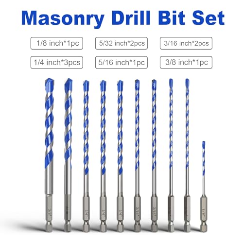 10 Pack 1/8" to 3/8" Masonry Drill Bit Set,Concrete Drill Bit Set - style: 1/8" - 3/8"（10 Pcs）