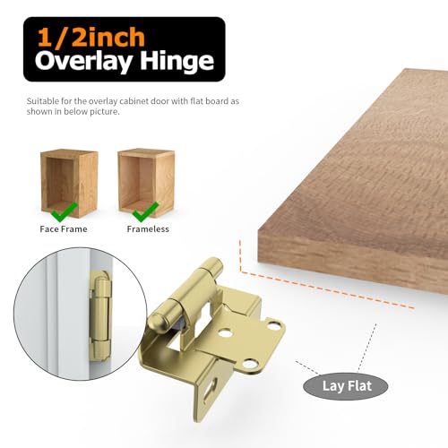 Chibery 10 Pack | 1/2 inch Overlay Semi Partial Wrap Around Cabinet Hinges, Self Closing Face Frame Variable Decorative Replacement, Kitchen Hardware, with Screw & Quiet Bumper (Brass Gold) - color: Gold