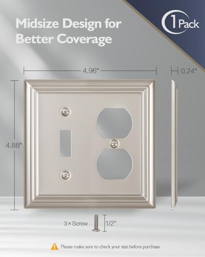 Switch Plates Outlet Covers, 1-Pack Metal Wall Plate, Satin Nickel - color: Satin Nickel, size: 1 Toggle/1 Duplex 1PK