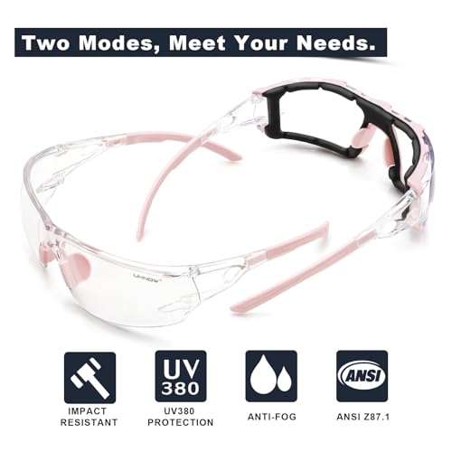 UKNOW Safety Glasses - Anti Fog Wraparound Lenses - Removable Foam Gasket - ANSI Z87.1 Protective Eyewear - Impact Resistant - color: Pink