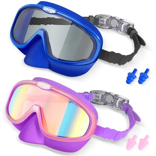 Seago Kids Swim Goggles with Nose Cover 2 Pack for 3-14 Anti-Fog Clear View - color: Blue & Purple