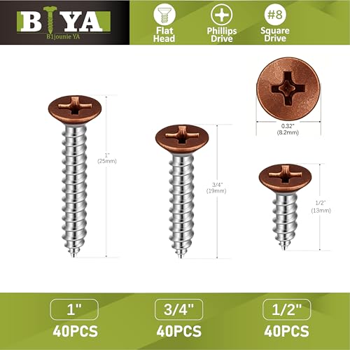 Brown Head Screws Wood Screws Assortment Kit, 120pcs，Phillips Flat Head - color: Brown
