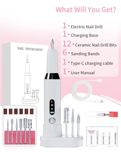 Nail Drill Kit,Nail File Cordless Nail Drill Machine for Gel Powder Nails,Professional Portable Manicure Pedicure Rechargeable Lightweight for Home Salon Use