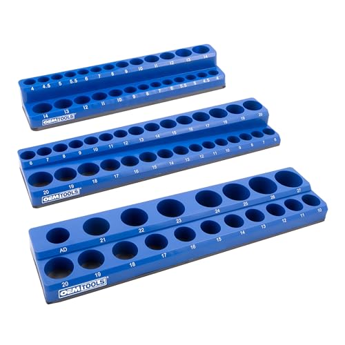 OEMTOOLS 22486 3-Pc Magnetic Socket Organizer to Hold 68 Metric Sockets | Metric Magnetic Socket Holder, Non-Marring Rubberized Base Socket Holders, 1/4, 3/8, 1/2 Inch Sizes, Clearly Marked Sizes - style: 3Pc Blue