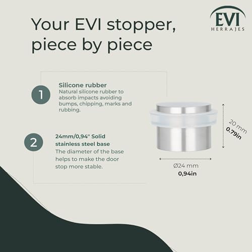 EVI Herrajes | Adhesive Door Stopper - Solid Stainless Steel - White Rubber Protector - W=0.94 x H=0.79 Inch Door Stop - color: Stainless Steel - White Rubber