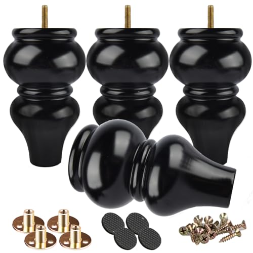 6 inch Solid Wood Turned Furniture Legs 4Pcs with M8 Bolts, Black - color: Black, size: 6" (15cm)