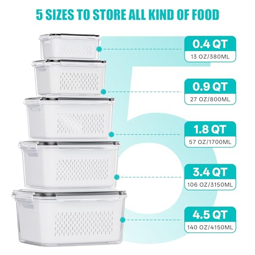 HOMETALL 5 Pack Fruit Storage Containers for Fridge Set, Fruit Washing Bowl with Strainer, Reusable Fridge Organizers and Storage for Berry Salad Lettuce, Size 4.5, 3.4, 1.8, 0.9, 0.4QT - size: 5PCS
