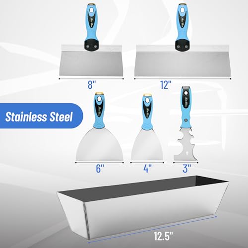 Bates- Drywall Hand Tool Kit, 6pcs, 3" 4" 6" 8" 12", Stainless Steel Drywall Tool with Metal Hammer End, Putty Knife Set, Taping Knives, 12.5" Mud Pan for Joint Taping, Finishing and Patching - color: Blue