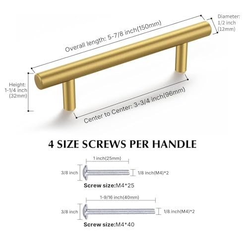 Haliwu 30 Pack 3-3/4in Gold Cabinet Handles for Kitchen Cabinet Handles | Stainless Steel, Gold Handles for Cabinets, Round T-Bar Shape, Brushed Gold Cabinet Pulls, Screws Included - size: 3-3/4 Inch hole center