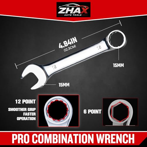 zhax 15mm Metric Stubby Combination Wrench, 12 Point Box End, 15 Degree Offset Design, Mirror Polish Finish, Forged CR-V Steel, Hand Tools for Mechanics, Ideal for Auto and Home Repair - size: 15mm