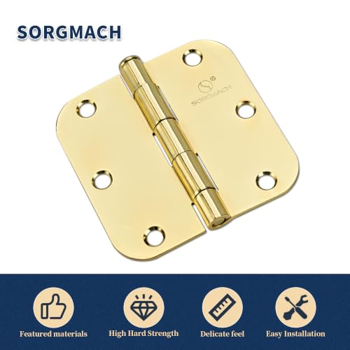 Door Hinges Polished Brass 3.5 Inch Interior Hinges 5/8" Radius - 18 Pack - color: Polished Brass-5/8" Radius