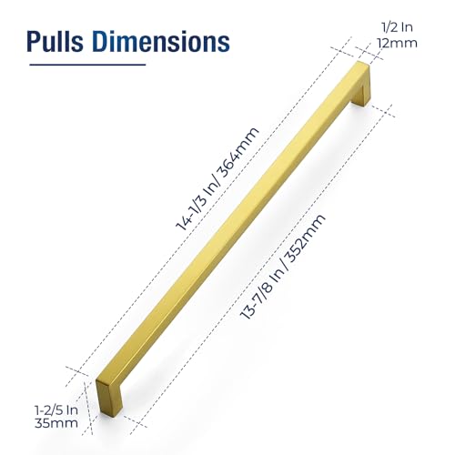 JOY DECOR Gold Cabinet Handles Square Cabinet Pulls 13-4/5 Inch CC, 10 Pack - size: 13-4/5 Inch Hole Center