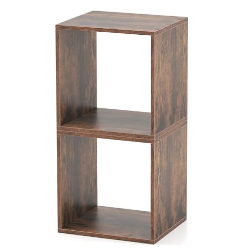 2 Stackable Cubes Bookcase, Wooden Cubby Storage Organizer - color: Rustic Brown