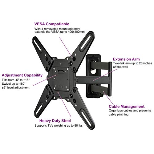 VideoSecu ML531BE2 TV Wall Mount kit with Free Magnetic Stud Finder and HDMI Cable for Most 26-55 TV and New LED UHD TV up to 60 inch 400x400 Full Motion with 20 inch Articulating Arm WT8 - size: 25"-55"