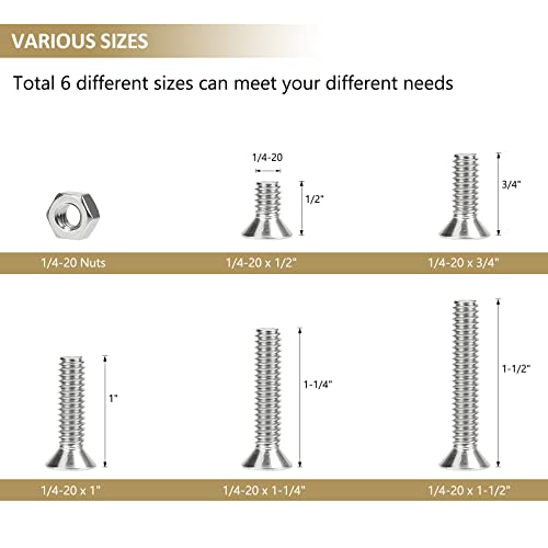 52 Pieces 1/4-20 x 1/2", 3/4", 1", 1-1/4", 1-1/2", Countersunk Head Socket Cap Screws Nuts Assortment Kit, 304 Stainless Steel, Fully Machine Thread - size: 1/4"-20, style: Countersunk Head
