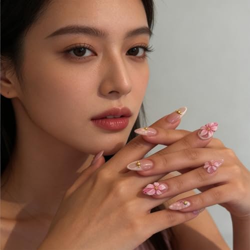 3D Pink FlowerFrench Tip Press on Nails Medium Almond Fake Nails with Flower Designs, Glossy Finished Reusable False Nails with Adhesive Glue Tabs - 24Pcs Nail Kit for Women Manicure - color: pink flower