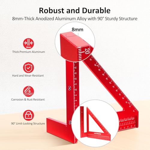 200mm 3D Multi-Angle Measuring Square Ruler, WT103D High Precision Hole Scribing Woodworking Tools, 0-90° Aluminum Alloy Carpenter Square Wood Working Tools, Carpenter Pencils 6 Refills. - color: 200mm Square+Pencil, style: Metric