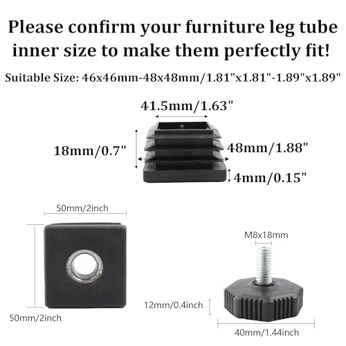 8Pcs Adjustable Leveling Feet 50 x 50mm Square Insert Kit Furniture Glide Leveler, Leveling Screw Leg for Cabinets Sofa Tables Chairs Raiser, Black - size: 50x50mm
