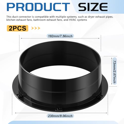 2 Pcs Duct Connector Flange 8 Inch Plastic Straight Pipe Flange Black Duct Reducer Dryer Vent Connector for Heating Cooling Grow Tent Bathroom Kitchen Ventilation System - size: 8 Inch