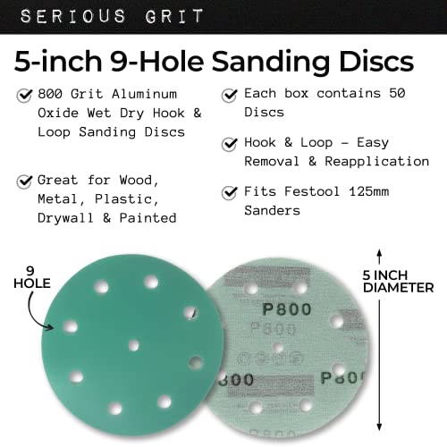 Serious Grit - 5-Inch 9-Hole P800 Grit Sanding Discs - 50 Pack Box - size: 800 Grit