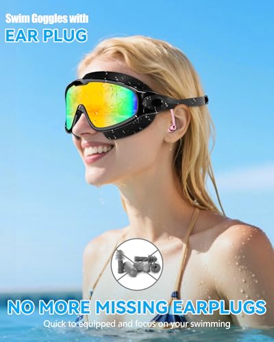 Aegend New Adult Wide View Swim Goggles, Anti-Fog/UV No Leak Swimming Goggles with Ear Plugs for Men & Women - color: Clear Black & Aqua
