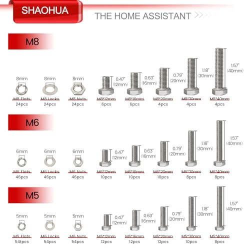 M5 M6 M8 Nuts and Bolts Assortment Kit 12mm-40mm, Metric Bolt Assortment 304 Stainless Steel Bolts and Nuts Kit, Hex Head Cap Screws Kit, Flat & Spring Lock Washer with Wrench, Silver, 496PCS, SHAOHUA - size: H. M5 M6 M8