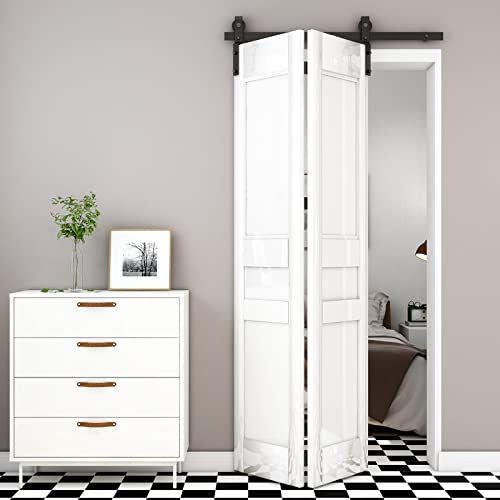 52" Bi-Folding Sliding Barn Door Hardware Track Kit,Smoothly&Quietly,Side Mounted Black Roller,Easy Install,Door Not Included [Fit Double 24" Bifold Doors] - size: 52" for 2 Doors