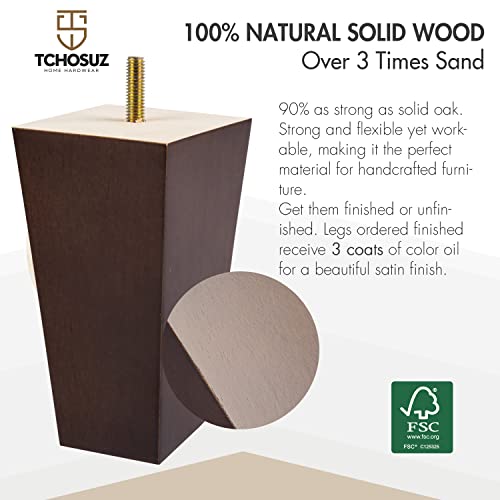 4 inch / 10cm Wooden Furniture Legs, Tchosuz Pack of 4 Mid Century Modern Solid Wood Walnut Pyramid Square DIY Replacement Feet with 5/16" Hanger Bolts & T-Nuts for Sofa Couch Armchair Bed Riser - color: Walnut, size: 4"/10cm