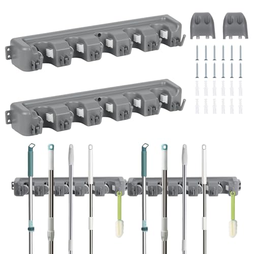 HOME MASTER HARDWARE (2 Pack 16 in Broom Mop Holder Garage Storage Organizer with 5 Racks 6 Hooks Adjustable Wall Mounted Storage Tool for Lanudry Garage Kitchen Garden