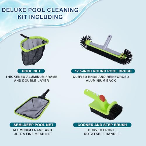 Sepetrel Deluxe Swimming Pool Cleaning Kit Including Professional Leaf Skimmer Net,Half-Depth Fine Mesh Net,17.5" Pool Brush Head & Hand Scrub Brush(NO Pole) - size: Deluxe Cleaning Kit