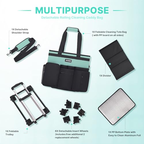JKAOO Large Rolling Cleaning Caddy Bag with Detachable Trolley, Blue-Green - color: Blue Green