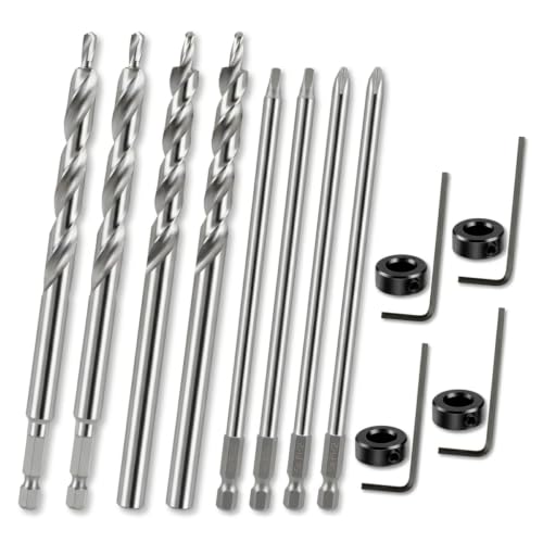 4 Pack 3/8"(9.5mm) Pocket Hole Drill Bit with Depth Stop Collar & SQ2 Driver Bits, Woodworking Pocket Hole Drill Bit Set, 1/4" Hex & Round Shank 6.5" Length Replacement for Pocket Hole Jig Systems