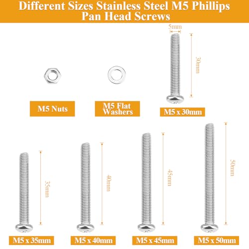 88 Pieces M5 x 30/35/40/45/50mm Machine Screws Nuts Washers Set, Sutemribor M5 Long Screws, M5 Phillips Pan Head Machine Screws Nuts Washers Assortment Kit, 304 Stainless Steel, Fully Threaded - size: M5 Long Screws Kit, style: Phillips Pan Head