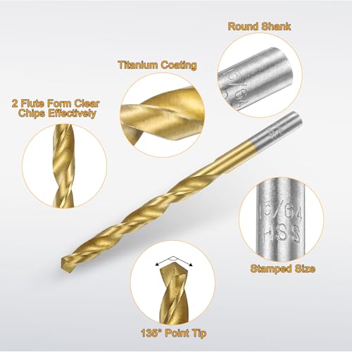 uxcell 12pcs Titanium Twist Drill Bit 15/64" Drilling Dia High Speed Steel Drills for Hardened Metal, Stainless Steel, Cast Iron, Wood, Plastic - size: 15/64 inch