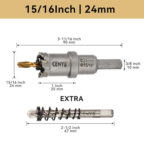 15/16" (24mm) Tungsten Carbide Tipped Hole Saw with 2Pcs Titanium-Plated Pilot Drill Bits for Hard Metal,Stainless Steel,Iron,Aluminum Alloy,Wood and Plastic - size: 24mm | 15/16"