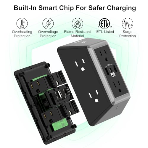 Multi Plug Wall Outlet Night Light, POWRUI 6 Outlet Extender & 3 USB Ports - color: Black(6Outlets/Night Light), size: 2U1C