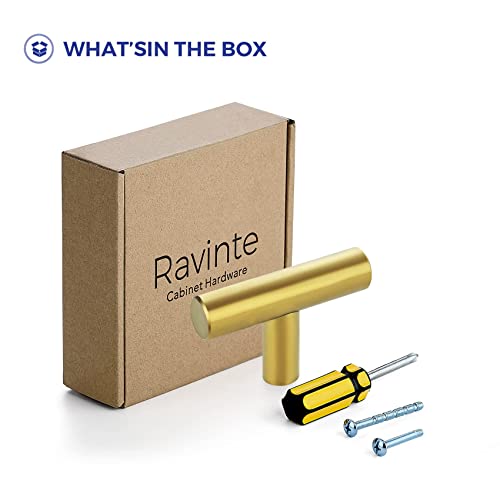 Ravinte 5 Pack Gold T Bar Cabinet Knobs 2in Dresser Knobs Single Hole | Brushed Brass Finish, Solid Metal, Easy Install, Screws Included, Hardware, Kitchen, Bathroom, Drawers, Cabinets - color: Gold, size: 5 Pack, style: Round