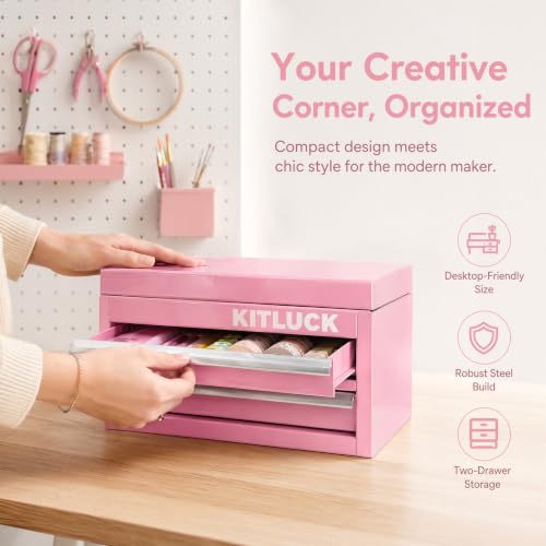 KITLUCK Mini Metal Tool Box, 2-Drawer Top Chest with Ball Bearing Slides, PVC Liners, Durable Cold Rolled Steel Small Tool Organizer for DIY Home Office Multi-Purpose Storage,Pink - color: PINK